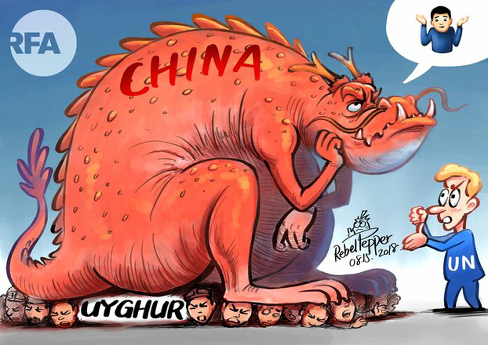UN Confronts China Over Mass Uyghur Detentions. Cartoon: Rebel Pepper/RFA
