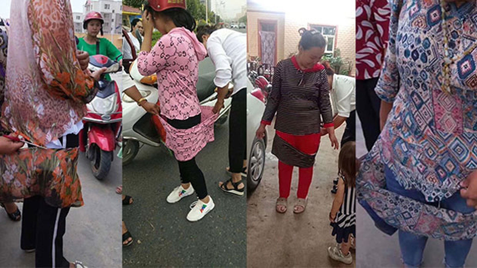 A collage of photos circulating among Uyghurs on social media showing government officials cutting the skirts of local woman in the Xinjiang Uyghur Autonomous Region in northwestern China. Photo: Social Media