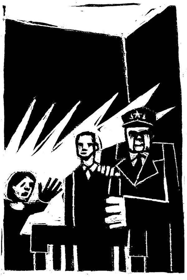 Illustration of Jiao Xia protesting at her husband Qi Chonghuai's sentencing.