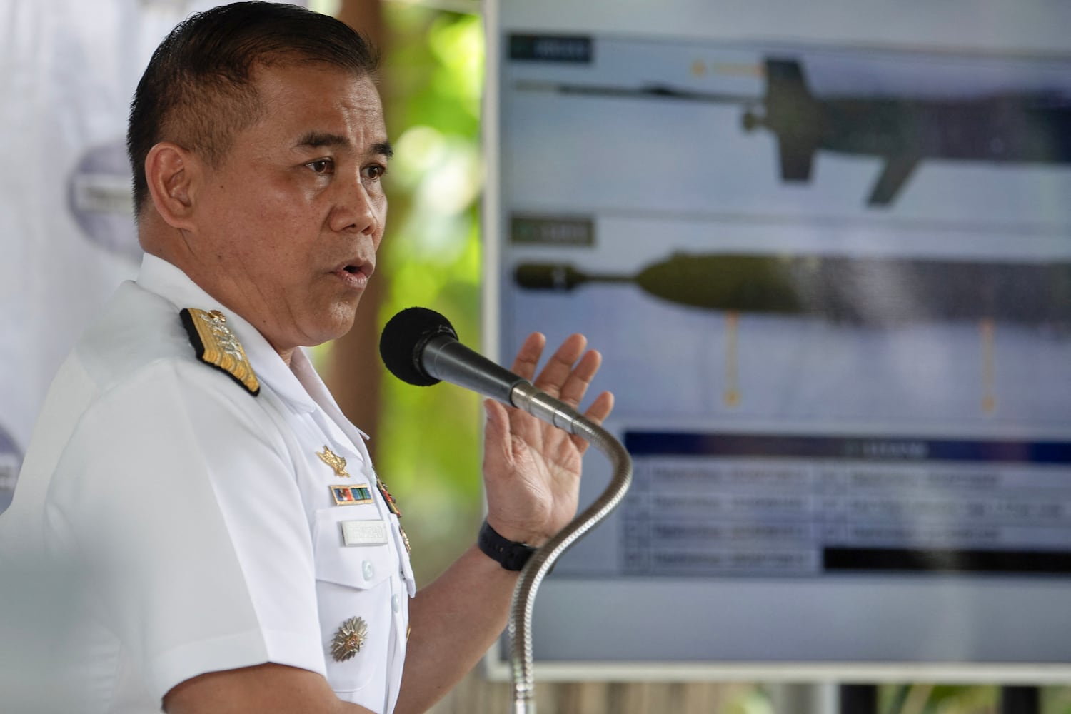 Philippine Navy Rear Admiral Roy Trinidad, spokesman for South China Sea issues speaks at a press conference in Manila, April 15, 2025.