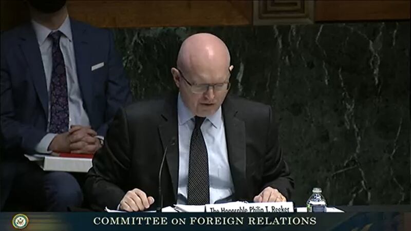 美国国务院代理欧洲和欧亚事务的助理国务卿菲利普·雷克（Philip Reeker）在国会听证会上讲话（视频截图）