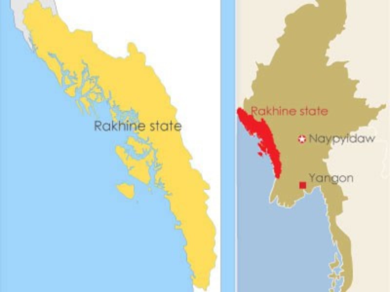 The map shows Rakhine state in western Myanmar.