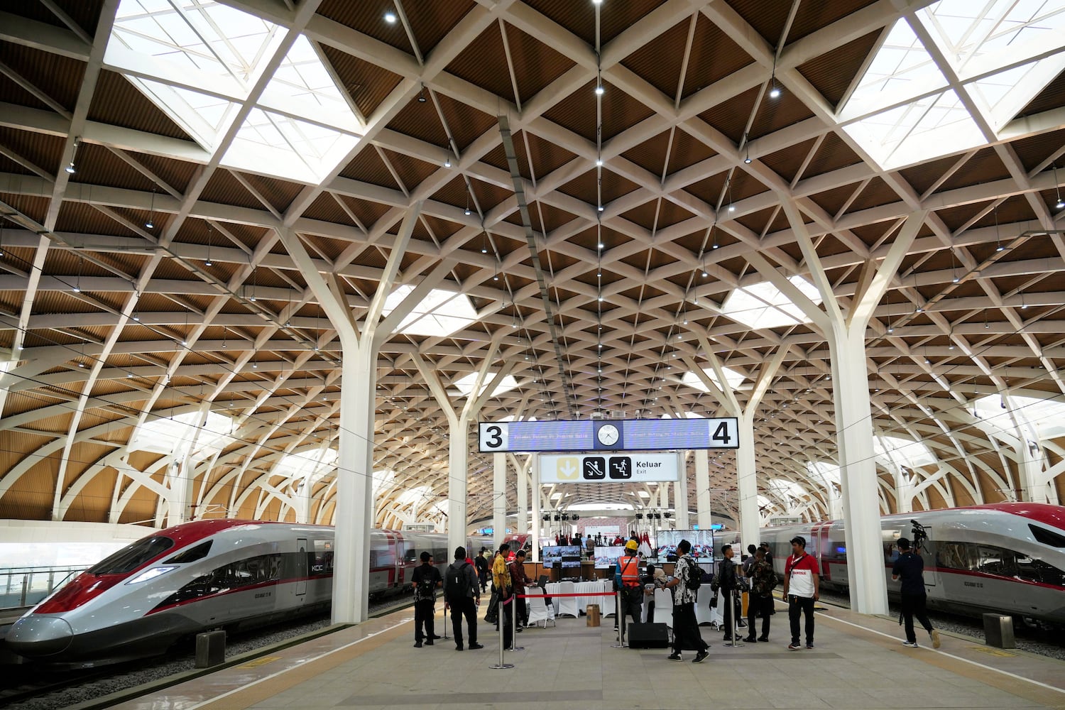 High-speed train is parked during the opening ceremony for launching Southeast Asia's first high-speed railway, a key project under China's Belt and Road infrastructure initiative, at Halim station in Jakarta, Indonesia on Oct. 2, 2023. (AP Photo/Achmad Ibrahim, File)