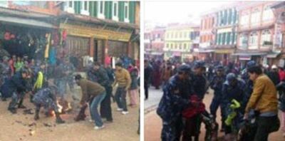 图片：尼泊尔警察扑灭自焚者身上大火现场。（受访人提供）