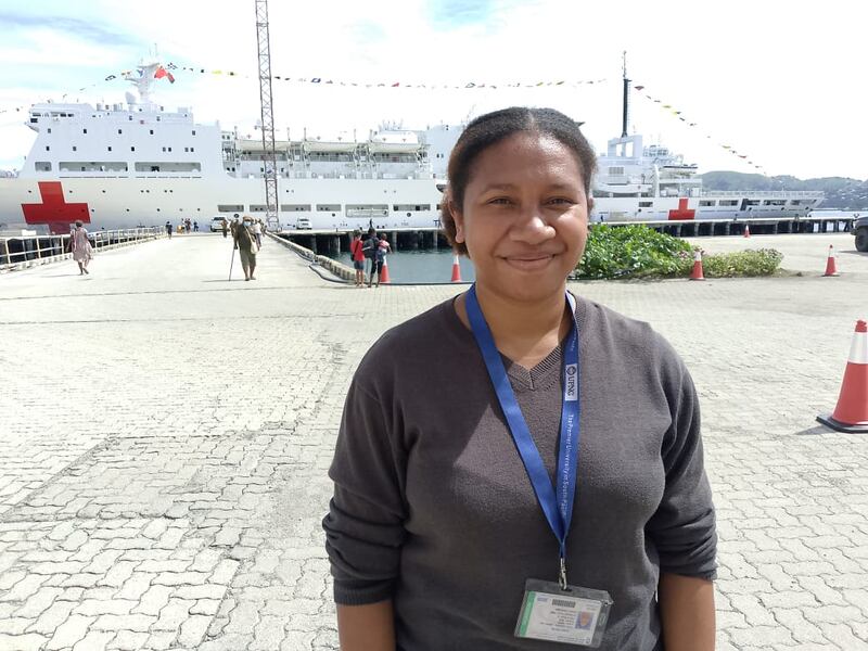 Ayisha Gizoria, a Papua New Guinean dental student, volunteered at the triage station during the Silk Road Ark's visit to Port Moresby, April 11, 2026.
