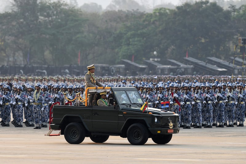 ၂၀၂၃ ခုနှစ်၊ မတ်လ ၂၇ ရက်နေ့က နေပြည်တော်တွင် ကျင်းပသည့် ၇၈ နှစ်မြောက် တပ်မတော်နေ့ အခမ်းအနား။ (Photo: STR / AFP)