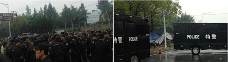 2013年４月２５日，福建夏門市同安區潘涂村，六百警員到場清拆村民於高爾夫球場門口搭建的帳蓬，雙方持續對峙，警方增派警員前來，派出多部特警防暴車到現場駐守維穩。（潘涂村村民攝）