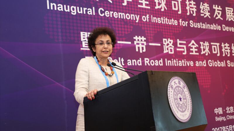2020年7月17日，愛琳·汗（Irene Khan）被任命為新一任聯合國人權理事會「言論和自由表達權特別報告員」。網友起底其早前與中共關係密切。圖片為2017年5月其參加在清華大學舉辦的「一帶一路」活動。（清華大學公共管理學院官網）