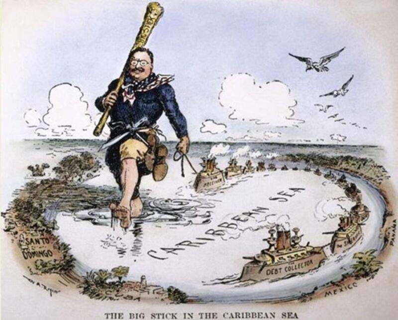 美国老罗斯福总统(Theodore Roosevelt)的格言:「温言在口,大棒在手,故而致远。」(维基百科)