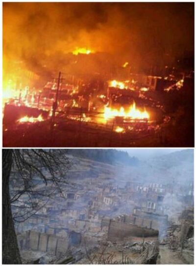 图片：甘肃省甘南藏族自治州迭部县腊子口乡黑多村2月6日发生火灾场景。（新华社）