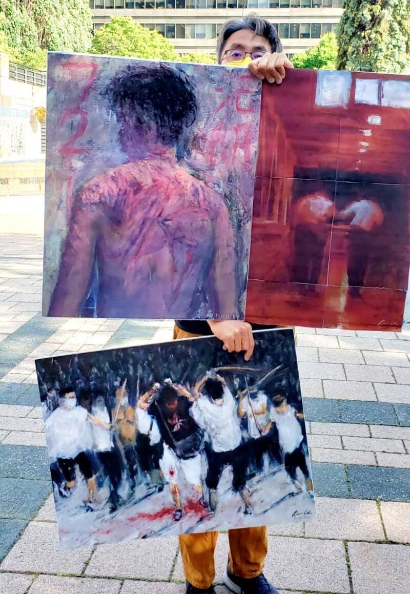 加拿大画家蔡维纪(Ricker Choi)绘制了三幅关於721元朗事件的画作，表达对香港民主运动的支持。(Ricker Choi提供)