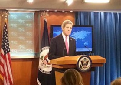 Ngoại trưởng Hoa Kỳ John Kerry phát biểu tại buổi họp báo công bố Phúc Trình Thường Niên Về Nhân Quyền Thế Giới năm 2013 được tổ chức ở Bộ Ngoại Giao Hoa Kỳ ngày 27/2/2014. RFA PHOTO.