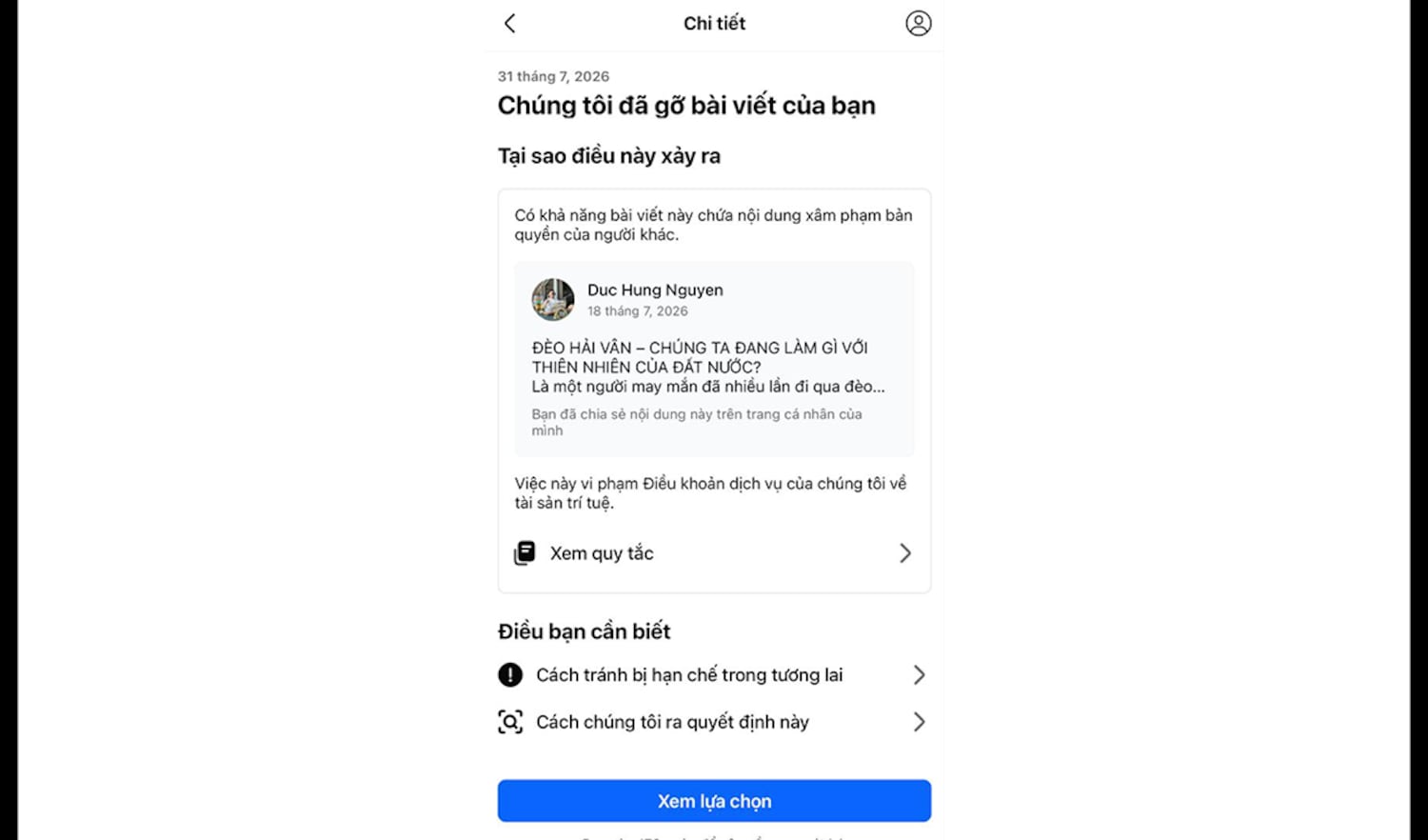 Một bài đăng bị Facebook gỡ bỏ vì