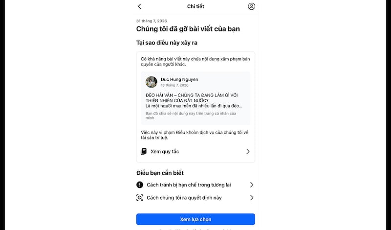 Một bài đăng bị Facebook gỡ bỏ vì "vi phạm bản quyền"