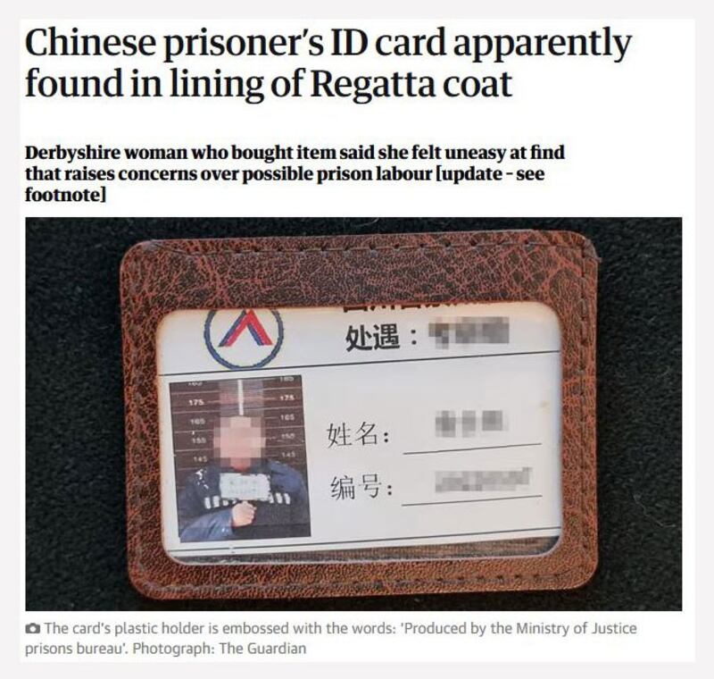 据英国《卫报》（The Guardian）12月1日报道，一名消费者在英国品牌Regatta的外套内衬里，发现一张疑似中国囚犯的证件。（网页截图）