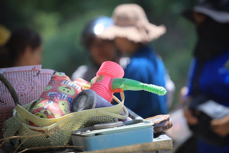 Toys and children's belongings collected from a collapsed pre-school in Sagaing city, Myanmar, on April 24, 2025, four weeks after Myanmar's devastating earthquake.