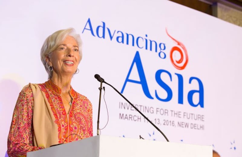 Tổng giám đốc Quỹ Tiền tệ Quốc tế - IMF, bà Christine Lagarde tại New Dehli, Ấn Độ hôm 12/3/2016.