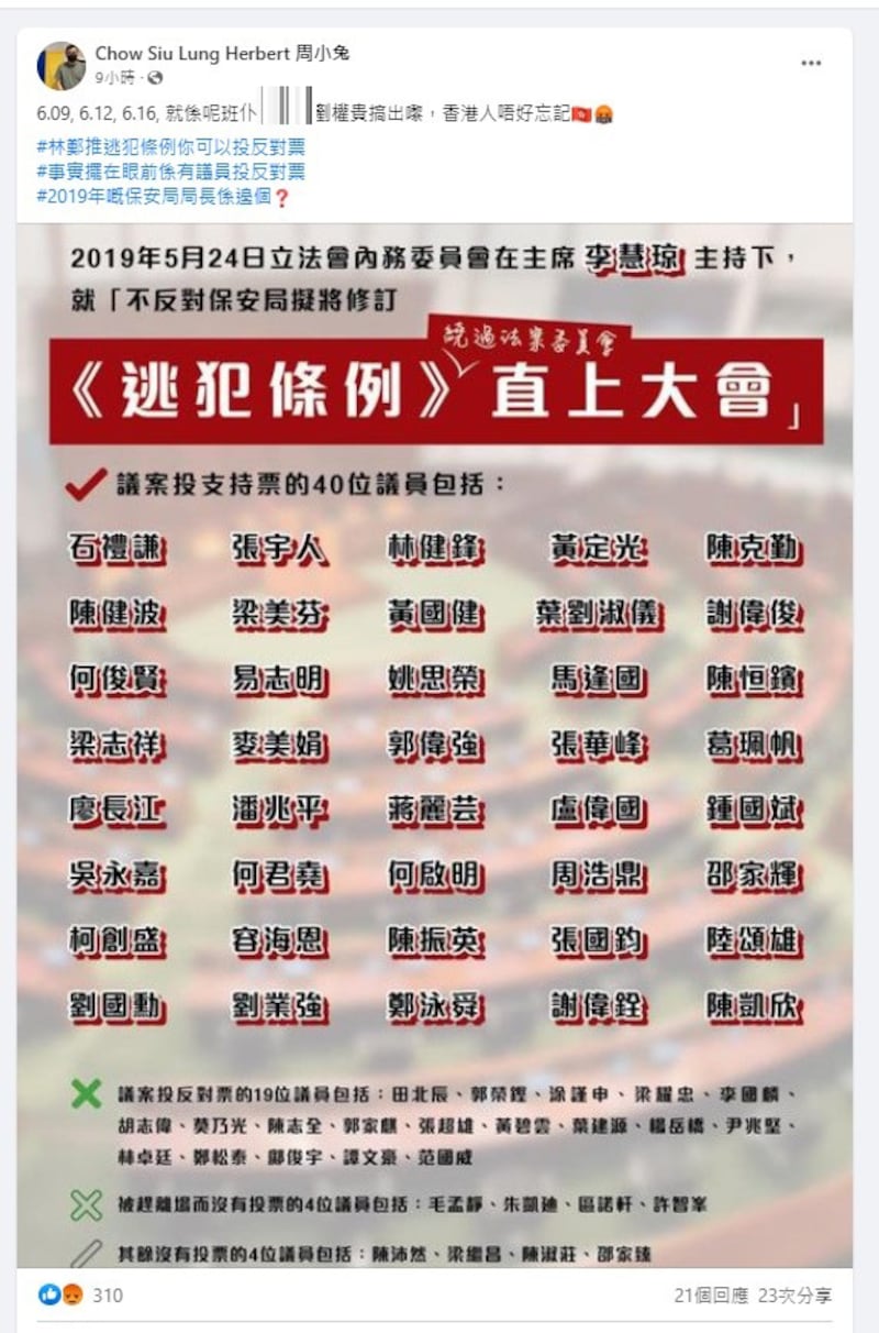 周小龍今年6月9日於社交平台貼出,在2019年中40位有份支持投票贊成繞過法案委員會,直上立法會大會「二讀」《逃犯條例》修訂的建制立法會議員名單(周小龍FB專頁)