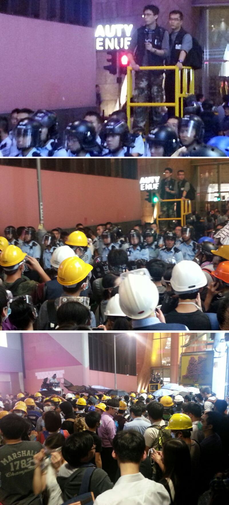 2014年11月25日晚旺角清場時﹐警民對峙的情況。（本台記者攝）