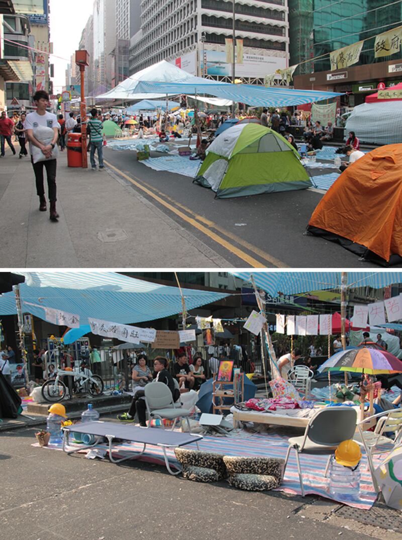 旺角集會人士撐起了帳篷,在路中設立了臨時客廳,繼續佔領旺角。(文宇晴 攝)