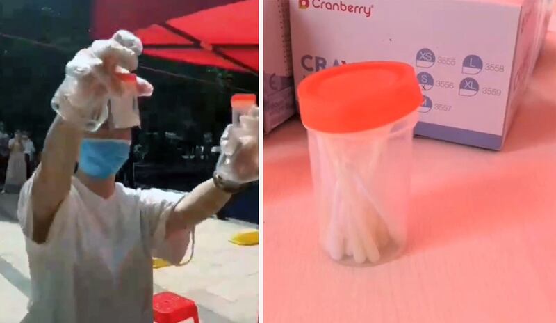 左图:一居民不满将几个人的深喉取样,放在一个塑料樽内。右图:一个塑料樽内竟有数人样本,且未注明样本出自何人。(视频图片/乔龙提供)