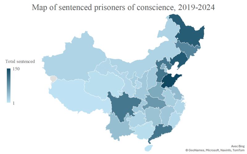 Map of sentenced prisoners of conscience in mainland China, excluding Hong Kong and Macao.