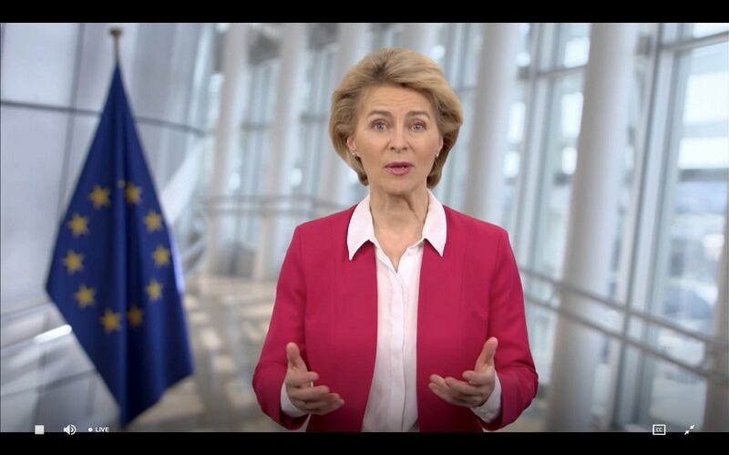 欧洲联盟执行委员会(European Commission)主席范德莱恩(Ursula von der Leyen) 在世卫大会视讯会议上说,“武汉肺炎病毒疫情全球大流行期间,国际就疫情展开合作,这应该是不用想也知道的事。”(法新社图片)