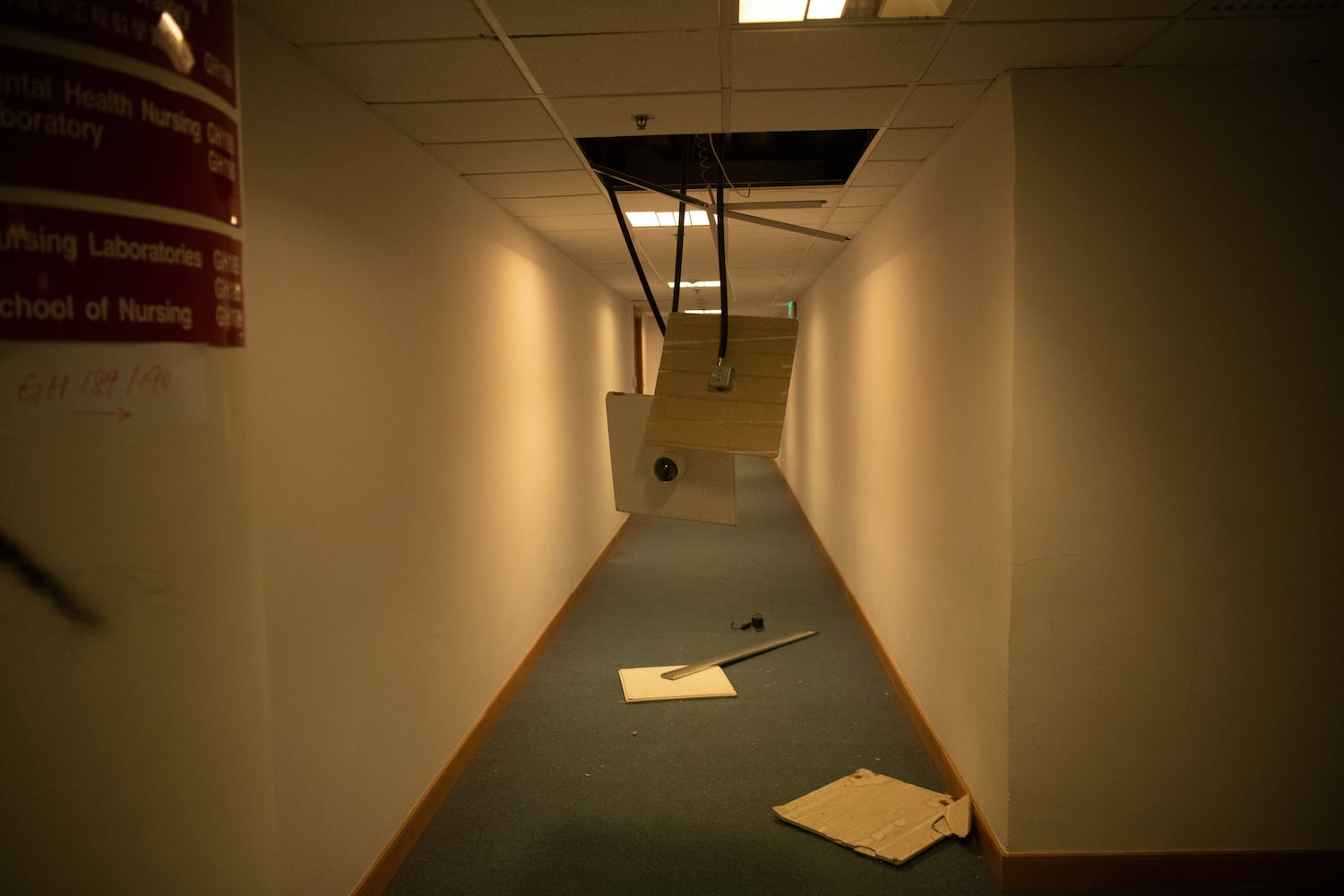 Vandalized surveillance cameras are seen at the Hong Kong Polytechnic University in the Hung Hom district on November 26, 2019 in Hong Kong.