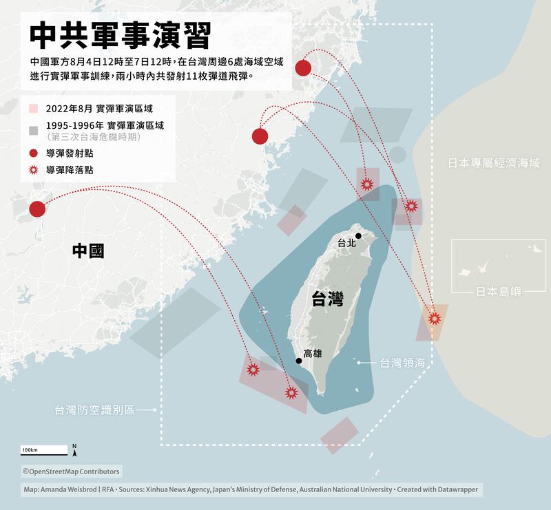 解放軍自周四至周日（4日至7日）舉行6場圍繞台灣本島的軍演。約兩小時內共射出11發東風系列彈道導彈。（RFA製圖）