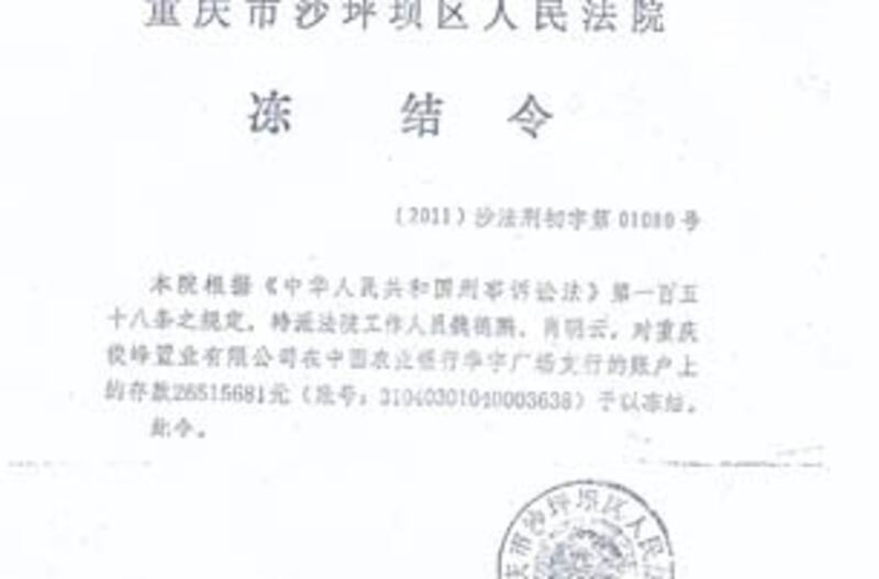 图片:重庆沙坪坝区人民法院冻结令。(姜维平提供)