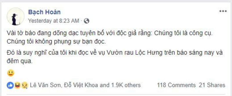 Facebook của nhà báo Bạch Hoàn và đoạn viết về Lộc Hưng