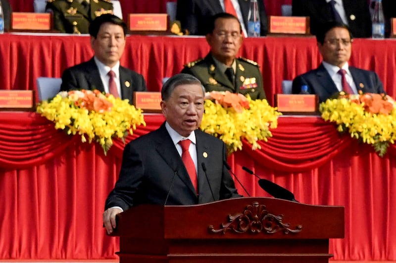General Secretary of the Communist Party of Vietnam To Lam speaks during celebrations at the 50th anniversary of the fall of Saigon in Ho Chi Minh City on April 30, 2025.