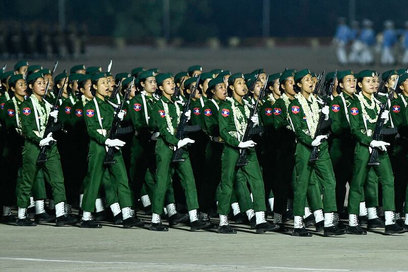 ၂ဝ၂၄ ခုနှစ် မတ်လ ၂၇ ရက်နေ့က နေပြည်တော်တွင် ကျင်းပသည့် တပ်မတော်နေ့အခမ်းအနား စစ်ရေးပြမြင်ကွင်းတစ်ခု။ (Photo: AFP)