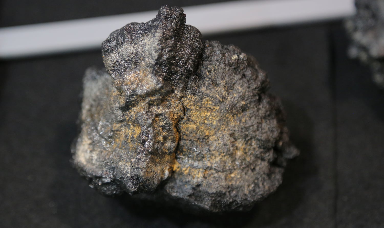 A polymetallic nodule from the seabed is displayed at a mining convention in Toronto, Canada on Mar. 4, 2019.