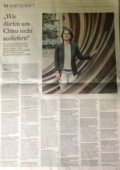 德國綠黨推出的總理候選人貝爾博克(Annalena Baerbock),日前接受德媒採訪認為應該採取強硬的對華貿易政策。 (德國前外交官魯格推特圖片)