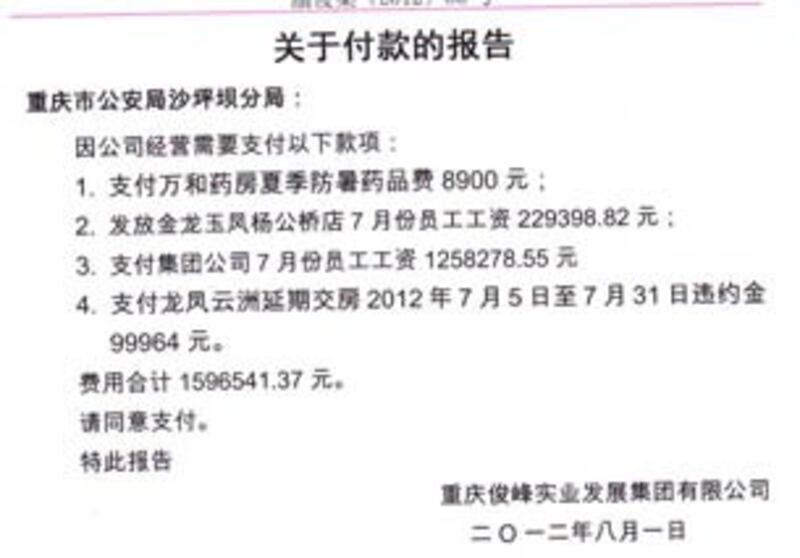 图片:重庆俊峰关于付款的报告。(姜维平提供)