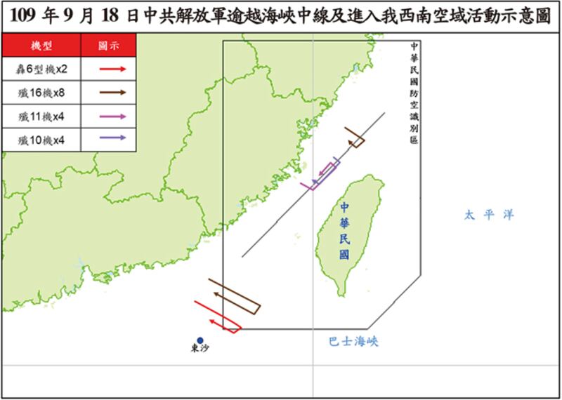 2020年9月18日，台灣軍方提供解放軍機越界飛行軌跡。（台灣國防部提供）