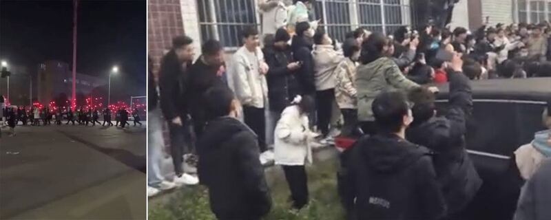 左图:重庆汇吉药厂工人不满欠薪及被裁员,爆发示威抗议。 右图:重庆警方到场平息骚乱。(网络图片/古亭提供)