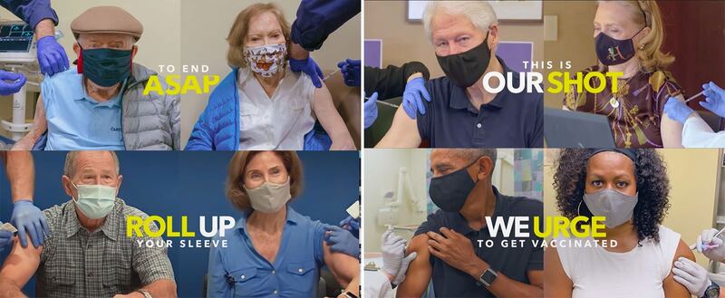 左上:美国前总统卡特夫妇接种新冠肺炎疫苗,拍公益广告鼓励民众踊跃接种。 右上:美国前总统克林顿夫妇接种新冠肺炎疫苗,拍公益广告鼓励民众踊跃接种。 左下:美国前总统小布什夫妇接种新冠肺炎疫苗,拍公益广告鼓励民众踊跃接种。 右下:美国前总统小布什夫妇接种新冠肺炎疫苗,拍公益广告鼓励民众踊跃接种。(Ad Council Youtube)