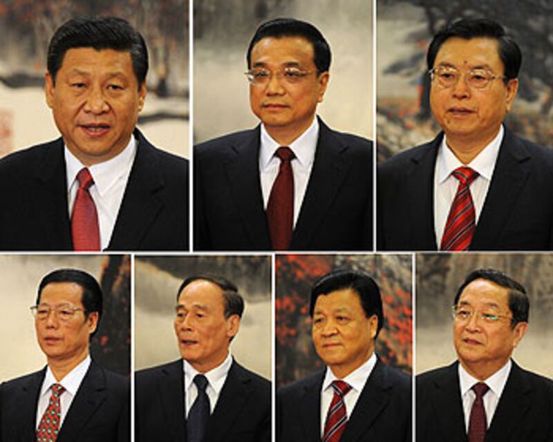 中共中央政治局七位常委:習近平,李克強,張德江,俞正聲,劉云山,王岐山和張高麗。(2012年11月15日,AFP PHOTO/Mark RALSTON)