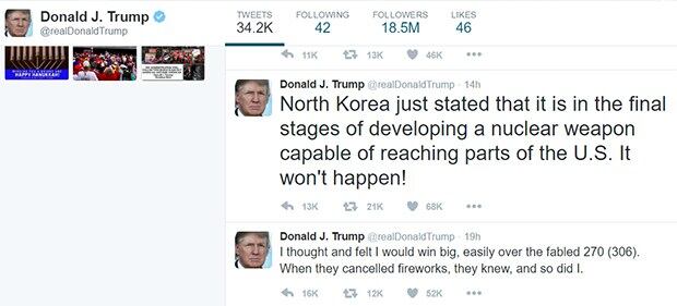 미국 도널드 트럼프 대통령 당선인의 북핵 문제 언급 트윗 화면 캡쳐.