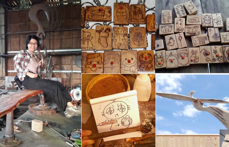 梁小姐工場生活照和手工木刻與多媒體作品。(受訪者提供)