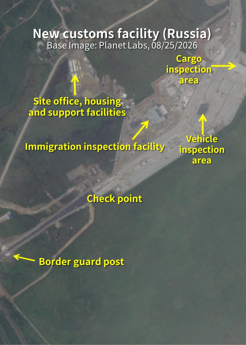 Satellite imagery taken on Aug. 25 shows the main road for cargo trucks through the customs compound had been paved. Parking areas and inspection zones for large trucks also appeared to be nearing completion.