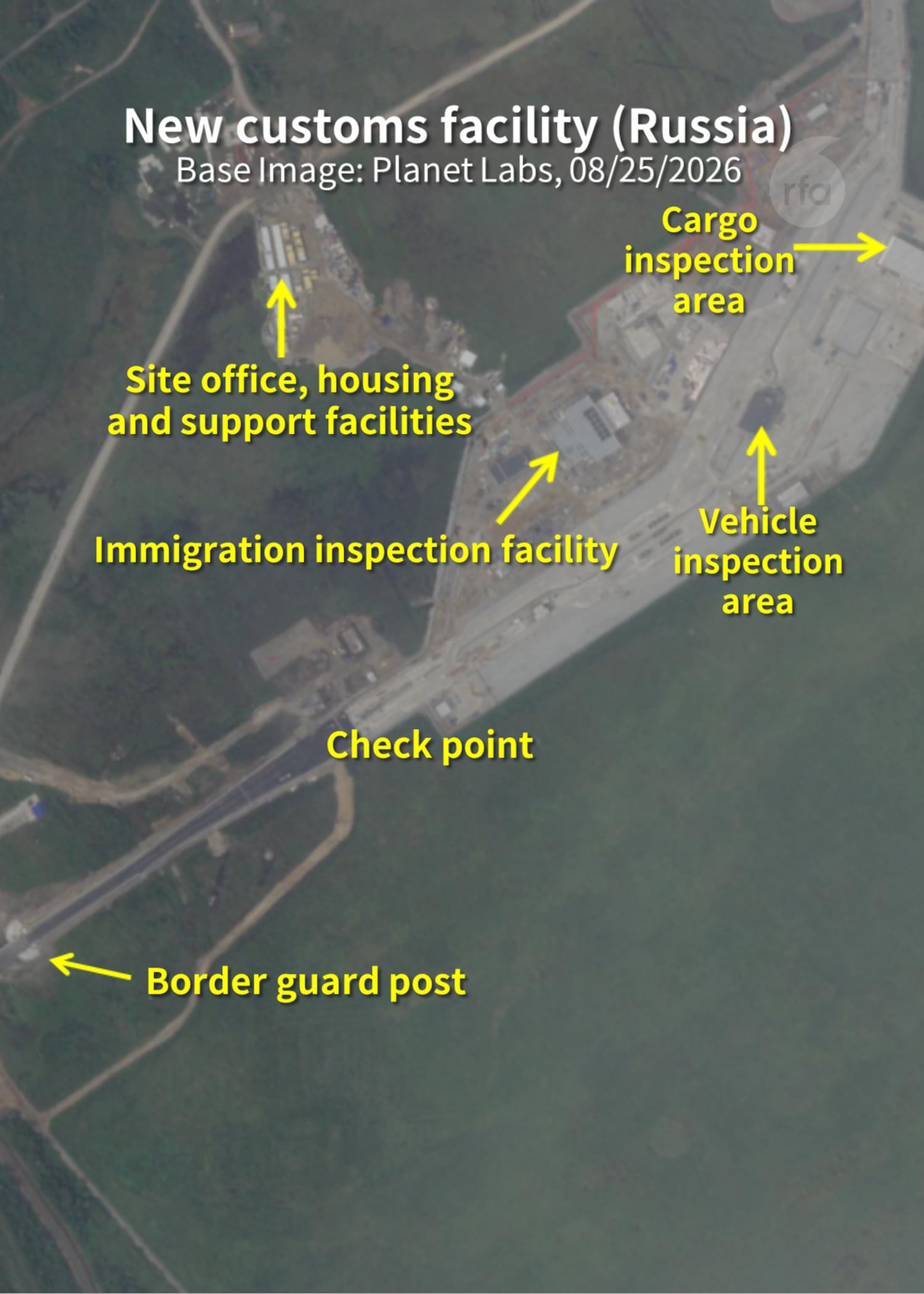 Satellite imagery taken on Aug. 25 shows the main road for cargo trucks through the customs compound had been paved. Parking areas and inspection zones for large trucks also appeared to be nearing completion.