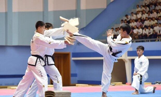 북한 태권도 시범경기 모습.