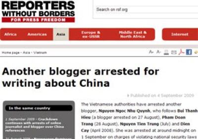 RSF: Việt Nam bắt giữ thêm một blogger viết bài liên quan đến Trung Quốc