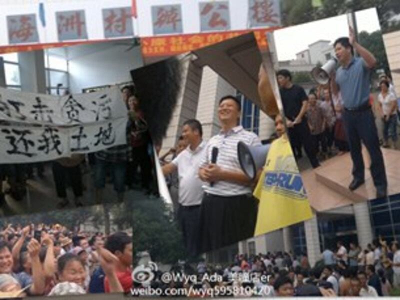 图片：网上有多幅照片显示村委周围有大批村民聚集，还有海洲村所属的古镇公安局长，镇委书记以及村书记用话筒对着村民喊话的照片。（中国茉莉花革命网站）