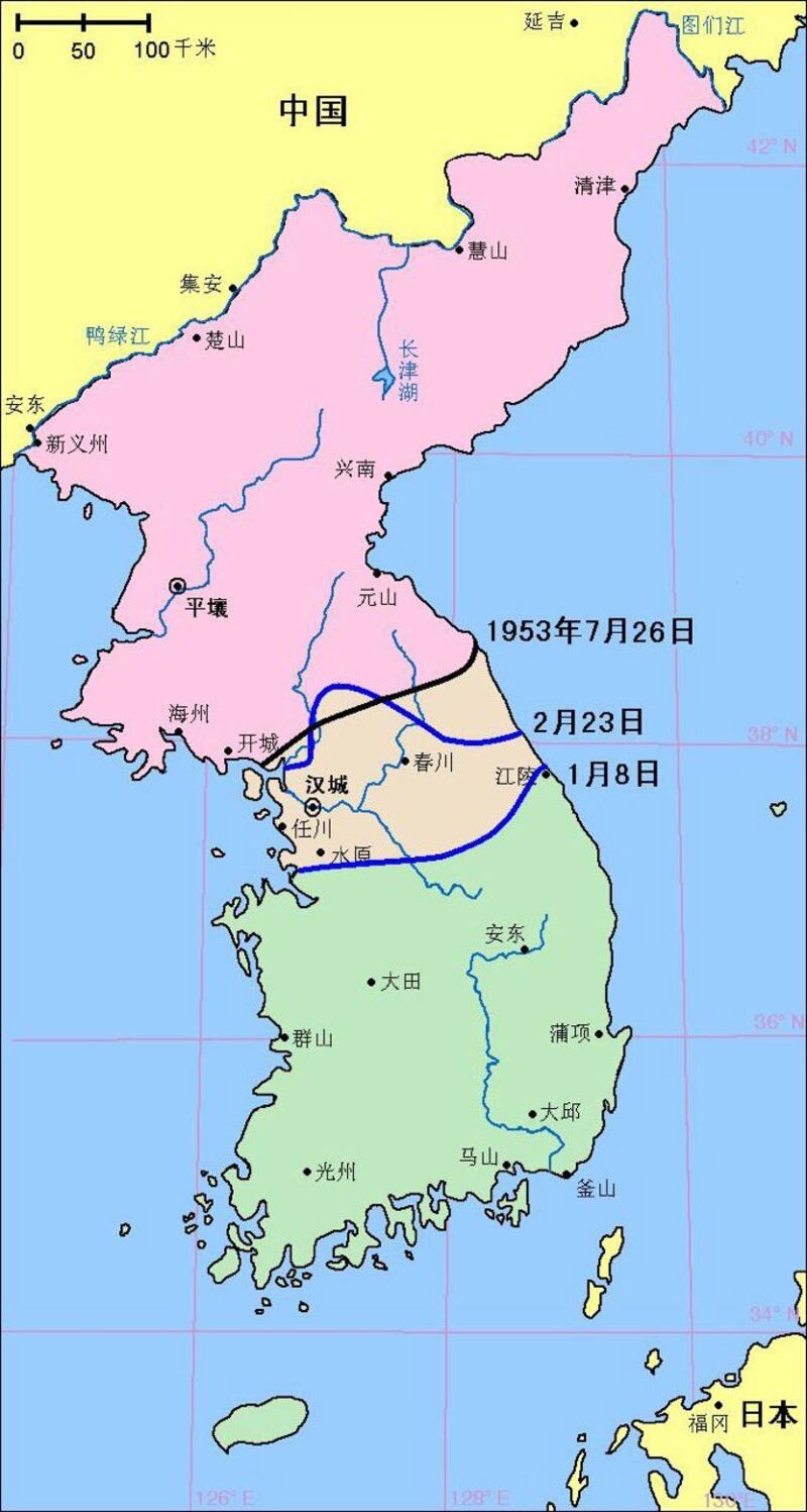 1951年1月8日—7月26日间韩战的战线变化,反映了1951年前中期双方战线在三八线两侧剧烈波动的情形。(来自维基百科)