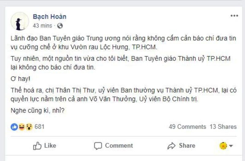 Một dòng trạng thái trên FB Bạch Hoàn về vụ cưỡng chế vườn rau Lộc Hưng