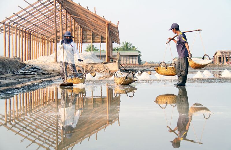 លោកស្រី កើត ចន្នី និង​ស្វាមី កំពុង​ប្រមូល​ផល​អំបិល​ដើម្បី​យក​ទៅ​ទុក​ក្នុង​ឃ្លាំង ក្នុង​ខេត្ត​កំពត កាល​ពី​​ថ្ងៃ​ទី​១៦ ខែ​កុម្ភៈ ឆ្នាំ​២០១៦។